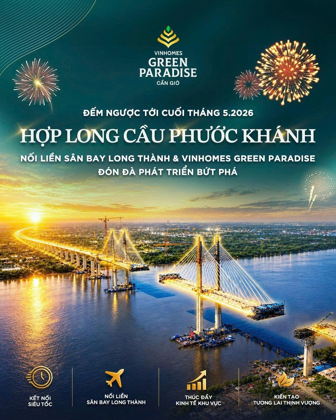 Hợp long Cầu Phước Khánh nối liền Sân bay Long Thành và Vinhomes Green Paradise Cần Giờ